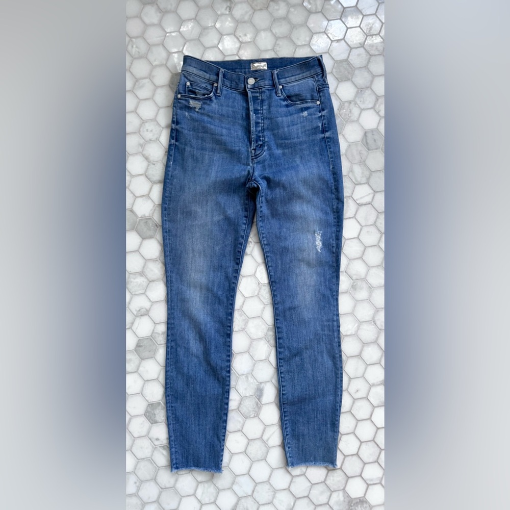 MOTHER The Stunner Ankle Fray Jeans Size 27 Graffiti Girl Raw Hem Skinny Denim